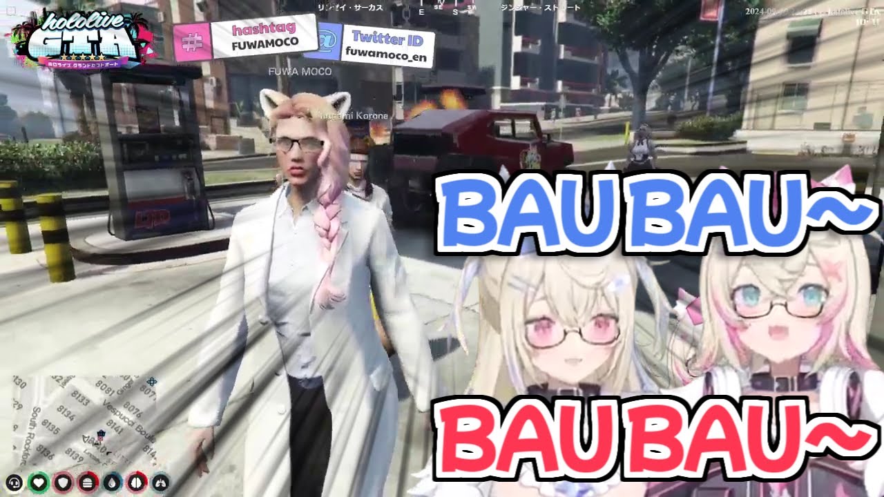 【holoGTA】ガソリンスタンドを爆発させた後BAU BAUで誤魔化そうとするFUWAMOCO【戌神ころね 天音かなた ホロライブ切り抜き】