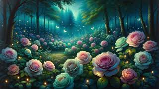 TV Art Screensaver, Enchanted Twilight: Pastel Roses and Fireflies, 1 Hour, No Sound