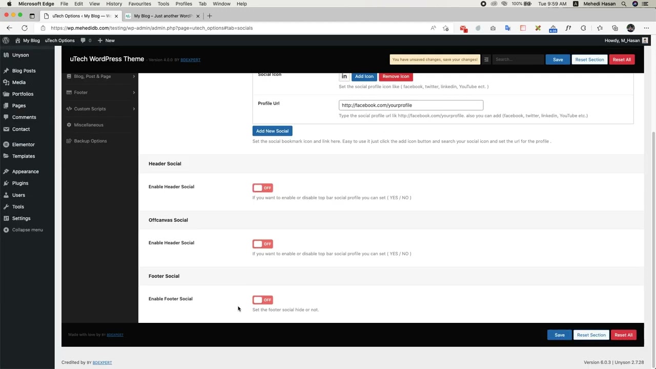 How to enable or disable social button in header, footer and offcanvas panel