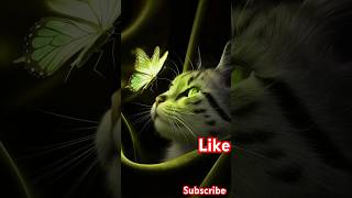 Amesmerizing, high-quality 3D render of a cat's+ butterfly hybrid body soft, enchanting green light.