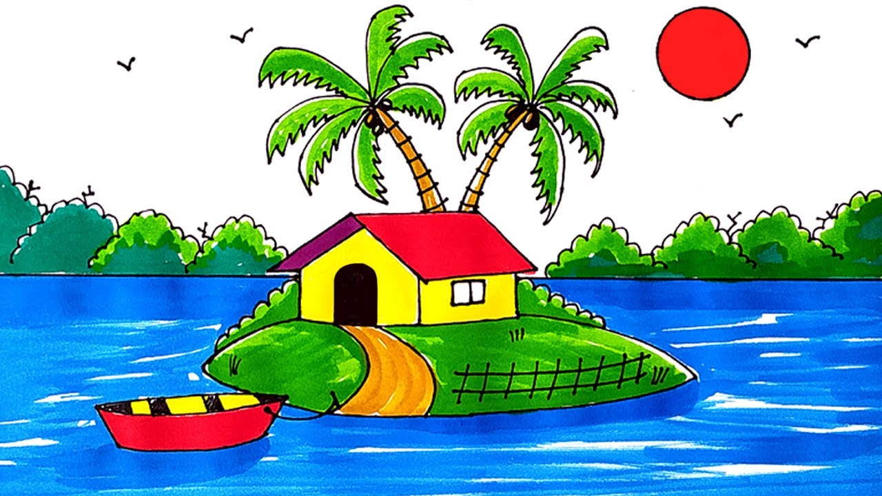 How to draw scenery of Island house | beach house | color for children |  landscape step by step - YouTube