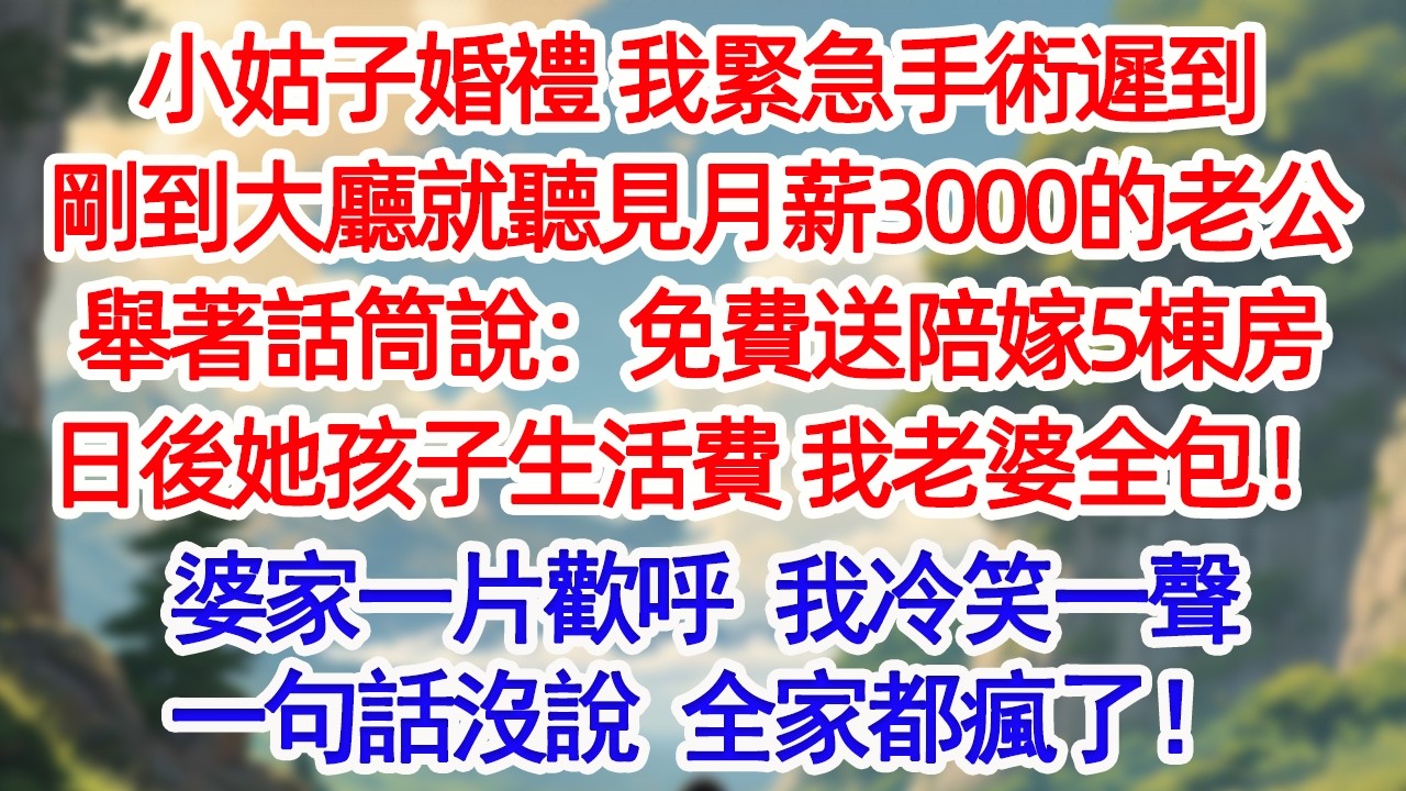 小姑子婚禮 我緊急手術遲到剛到大廳就聽見月薪3000的老公舉著話筒說：免費送陪嫁5棟房日後她孩子生活費 我老婆全包！婆家一片歡呼 我冷笑一聲一句話沒說 全家都瘋了！【庭前】【聆聽半生】【心靈回收站】