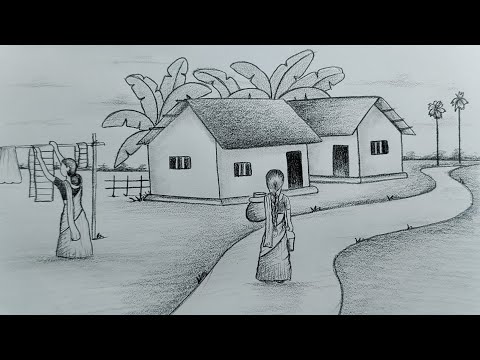Village life scenery drawing tutorial || Easy village scenery drawing || Pencil sketch