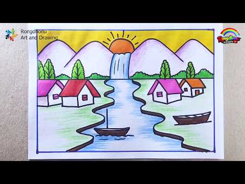 Beautiful Village Scenery Drawing with River & Waterfall | Mountain Landscape Drawing