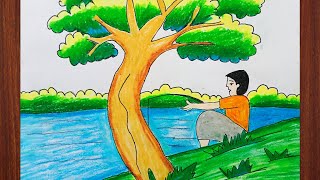 how to draw scenery of fishing step by step | how to draw village scenery easy