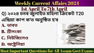 Weekly Current Affairs Questions 1st April to 7th April 2024