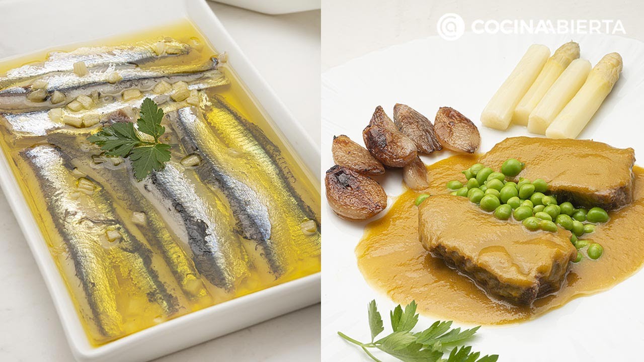 Anchoas marinadas - Carrilleras de ternera con espárragos y guisantes - Cocina Abierta