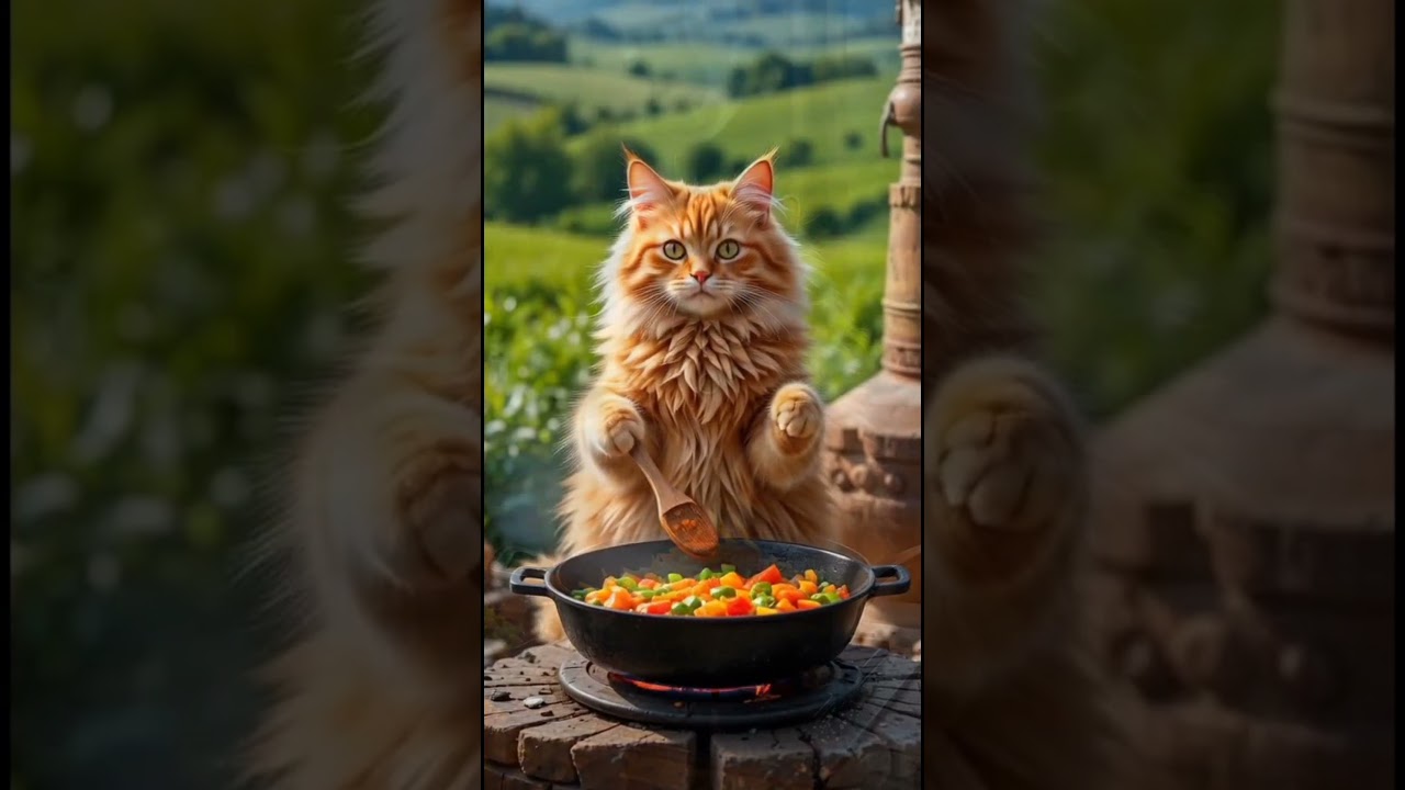 🍲🐱 Fluffy Chef Cat Cooking in Village Kitchen | Cute Cat Making Delicious Food 🌿🔥