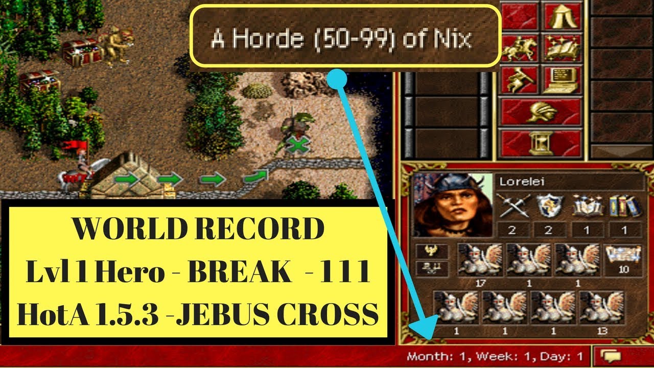 Heroes 3: Hota 1.5.3 - World Record - 111 Break -  Lvl 1 Lorelei on Jebus Cross