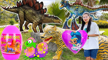 Changcady và khủng long đi chơi công viên, gặp trứng khủng long và mô hình con vật: voi, hổ, cá heo