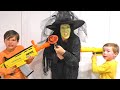 Nerf Battle Escape the Babysitter Showdown vs Witch with Fortnite Blasters