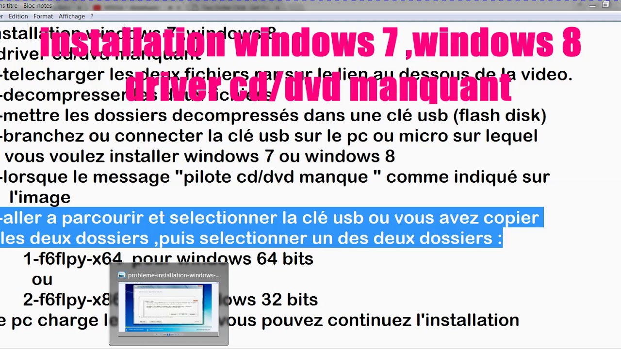 installation windows 7 pilote cd dvd manque