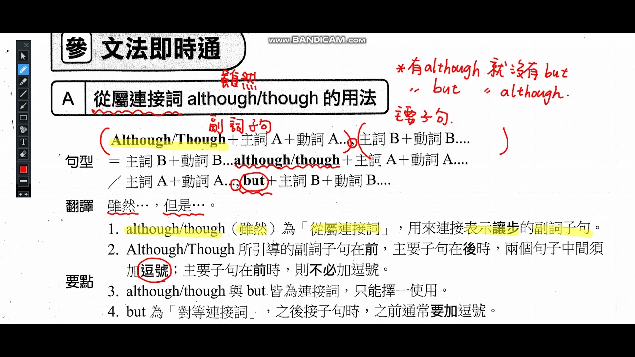 從屬連接詞although用法