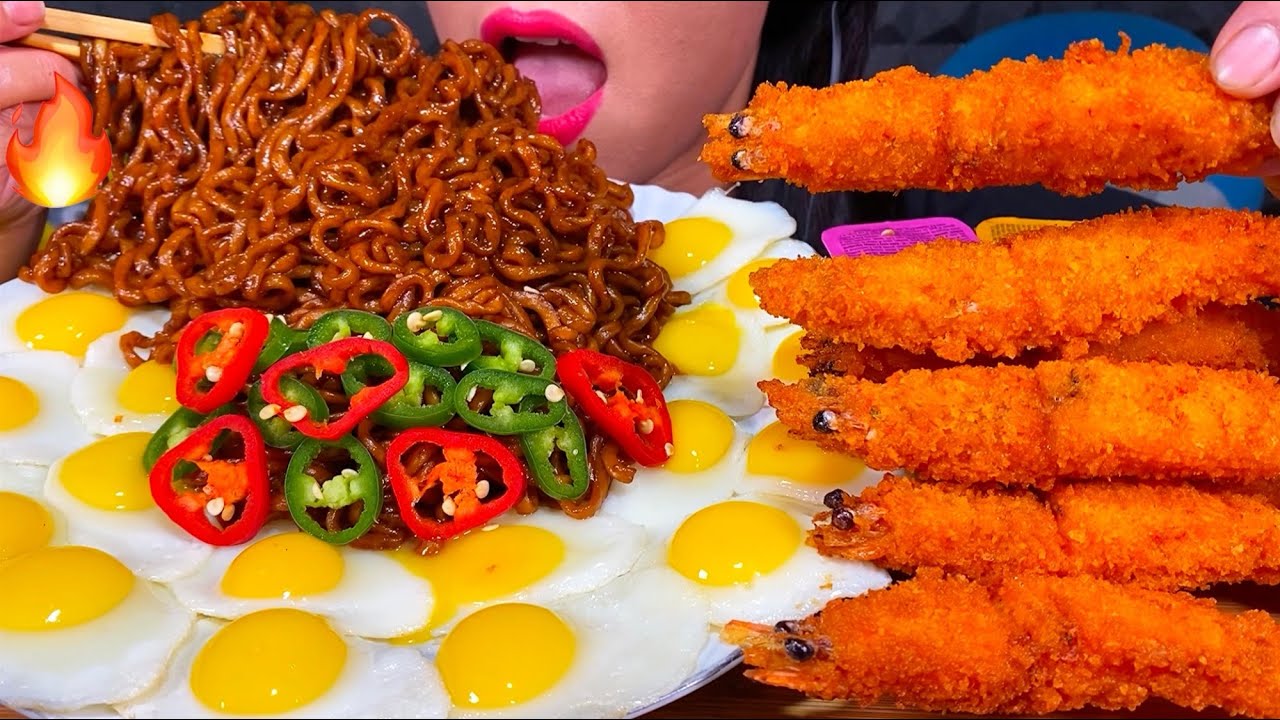 ASMR BLACK BEAN NOODLES, EGGS, FRIED SHRIMPS MUKBANG MASSIVE Eating Sounds