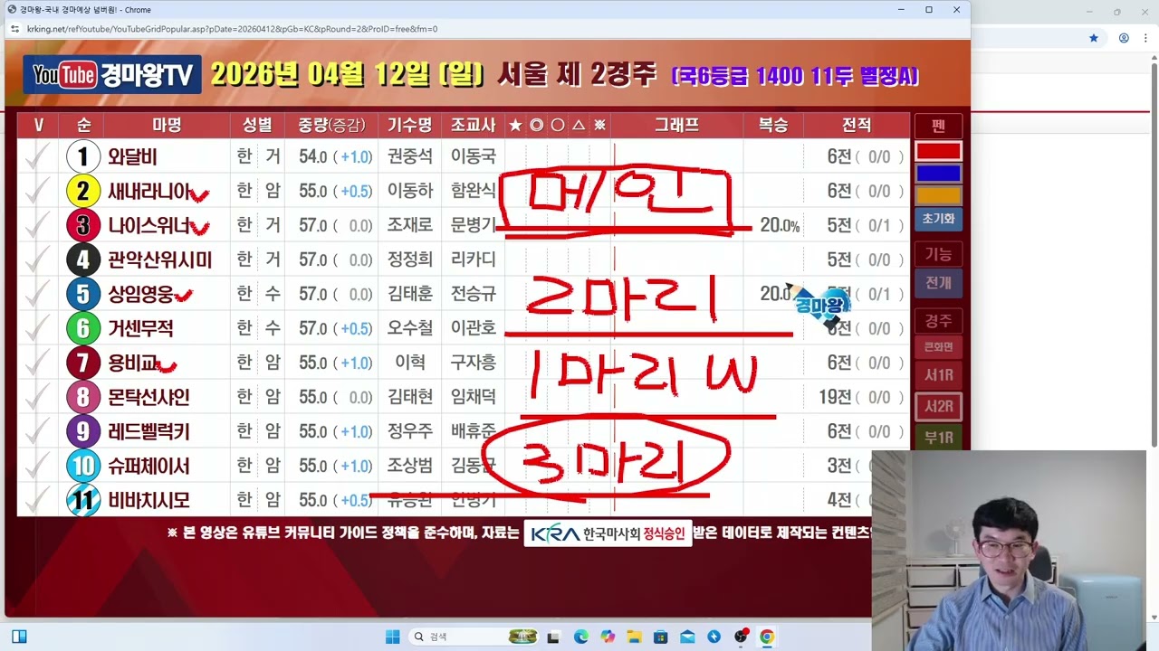 4월 12일 승부주간 일요일 방송 (자신있게/씩씩하게/강도올립니다/대상경주강하게때립니다/응원부탁드립니다/감사합니다)