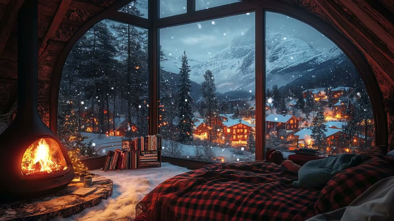 Warm Cozy Cabin at Night | Crackling Fireplace and Gentle Snowfall Sounds for Peaceful Deep Sleep