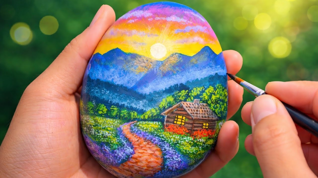 “Cómo pintar un amanecer con montañas y una cabaña iluminada | Pintura en piedra”