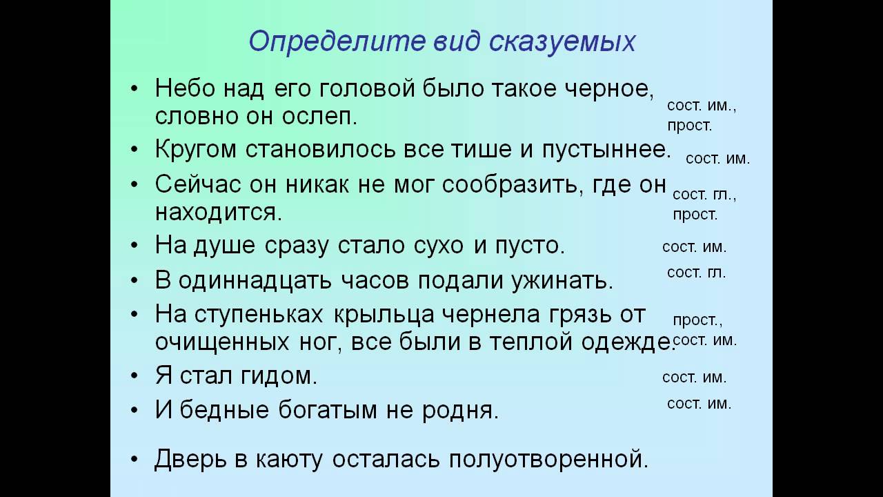 Онлайн тест на виды сказуемого по русскому языку 8 класс