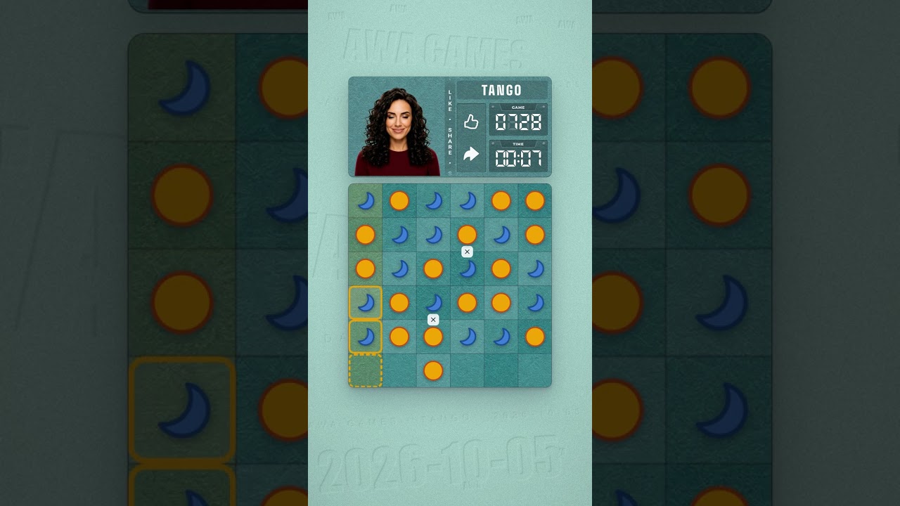 LinkedIn Tango #728 solved board for October 5, 2026, 6x6 grid