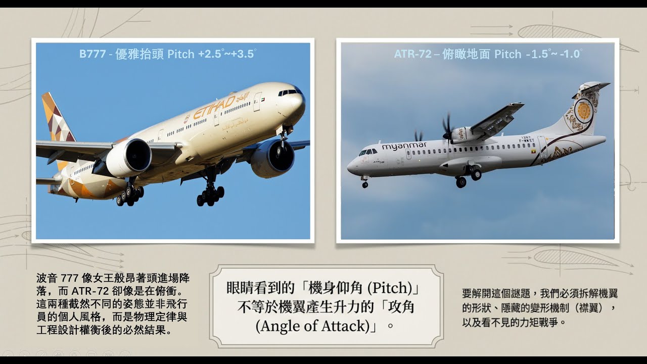 為什麼ATR-72 趴著進場，777是抬著頭進場 -- 襟翼作動的飛機姿態變化#模擬飛行 #儀器飛行 #飛行力學 #STEM教學 #空氣動力學#高中物理