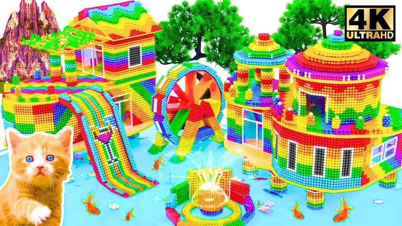 Make Double Rainbow Water Slide In Slope Mansion Has Glass Elevator & Fish Pond From Magnetic Balls