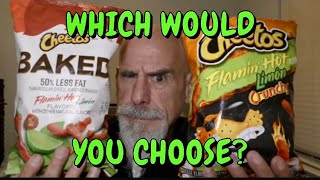 FINALLY! A side-by-side that matters! Cheetos Flamin' Hot Limon Crunchy vs. Baked! Place your bets!