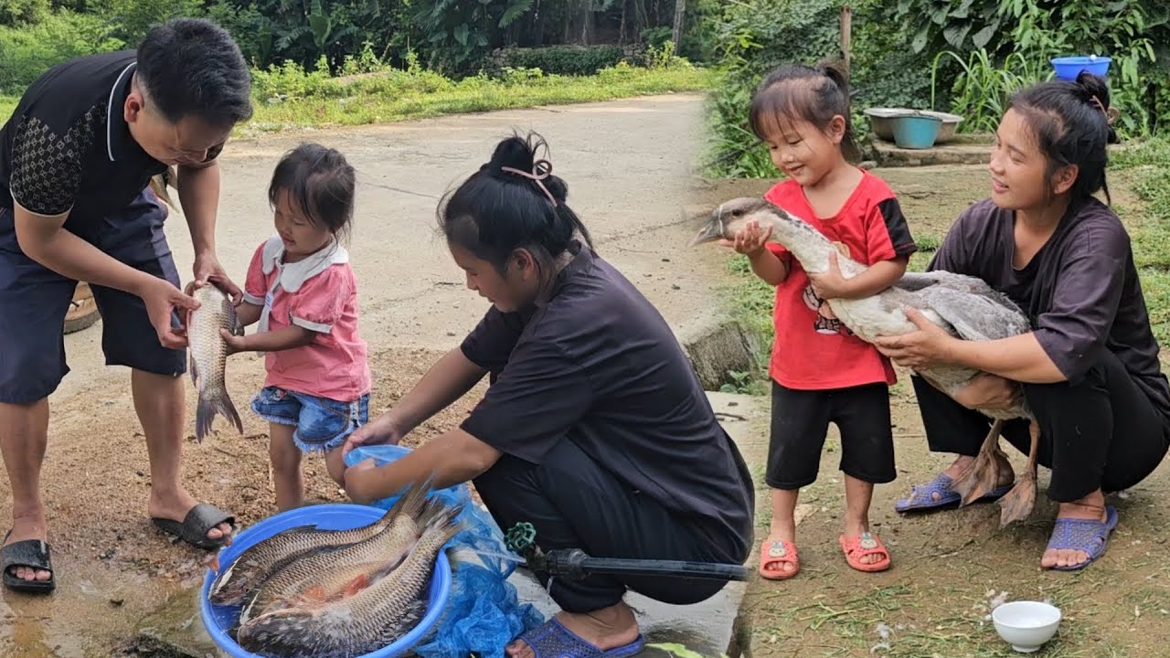 The mother and daughter caught a big fish and brought it to visit the ...