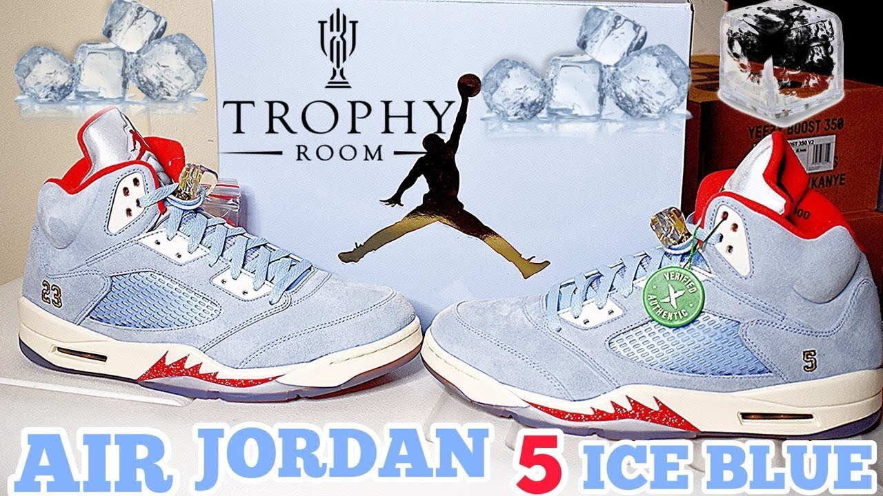 TROPHY ROOM ICE BLUE AIR JORDAN 5 REVIEW & UNBOXING. - YouTube