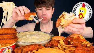 ASMR MUKBANG DAVES HOT CHICKEN BURGERS & FRIES EXTRA CHEESE STICKS & CREAMY NOODLES | WITH CHEESE