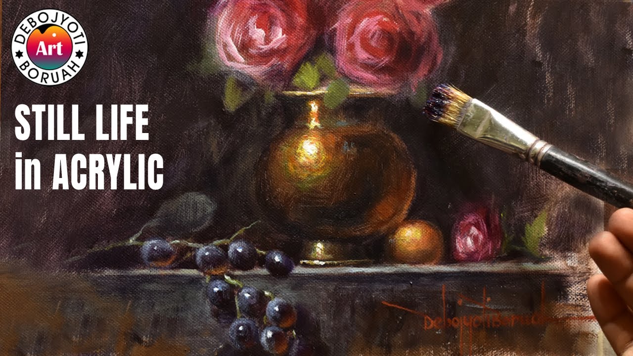 How to Paint Realistic Acrylic Still life painting | Flower in Golden ...