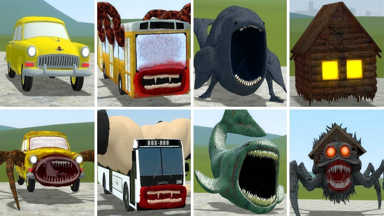 OLD AND NEW UPDATE: CAR EATER, BUS EATER BUILDER, TRAIN EATER VS ALL TREVOR HENDERSON BATTLE In GMOD