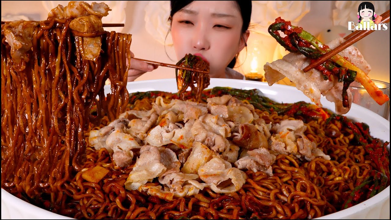 Mukbang:) Spicy Chapagetti & Pork belly+Kimchi Mukbang ☆ Big Bites :: ASMR :: Eatingshow ☆