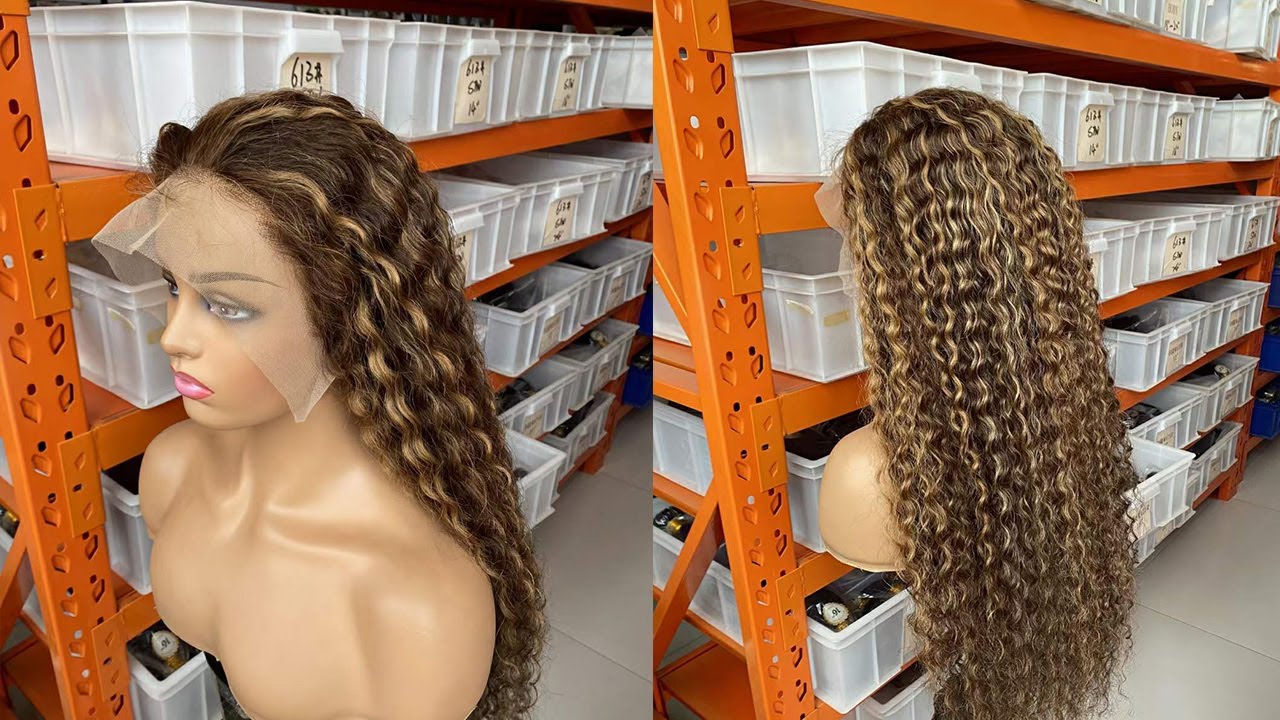 long highlight lace front wig honey blonde brown || deep wave wig || human hair