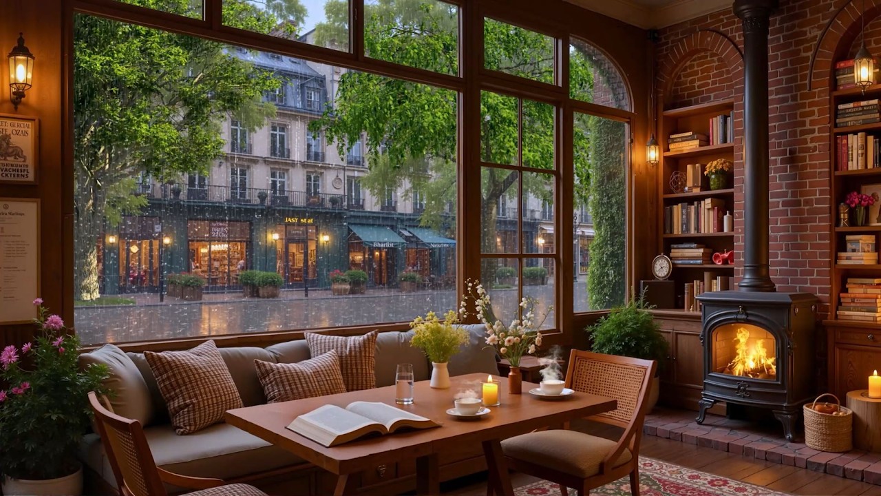 Уютное кафе Rainy March ☕ Комфортная джазовая атмосфера с эффектом дождя и камином