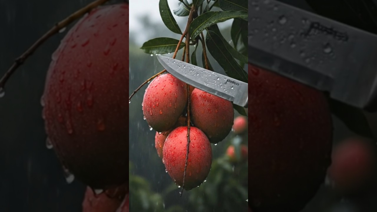 🍃🥭 Slow Slice of Red Mangoes in Soft Rain Ambience 🌧️😇😍🌿✨️🥭