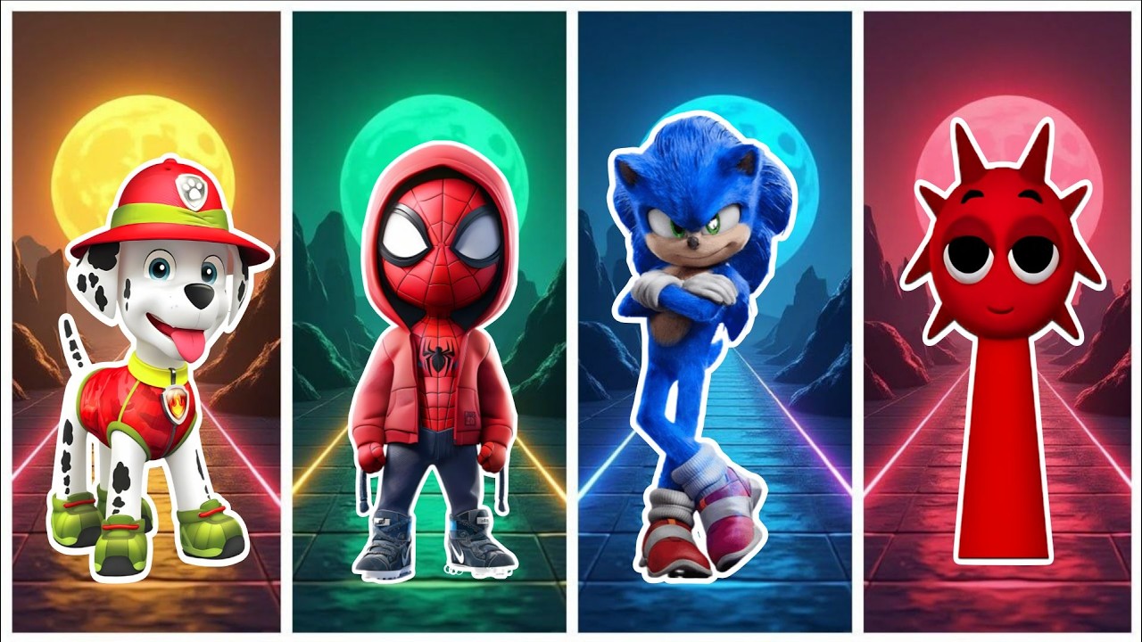 Spidey 🆚 Spurunki 🆚 Sonic 🆚 Paw Patrol in Tiles Hop EDM Rush🎶#61