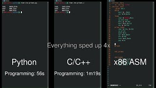 Python vs C C vs Assembly side by side comparison