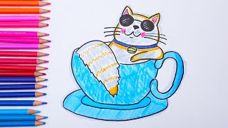 How to draw CAT in a cup Easy drawings