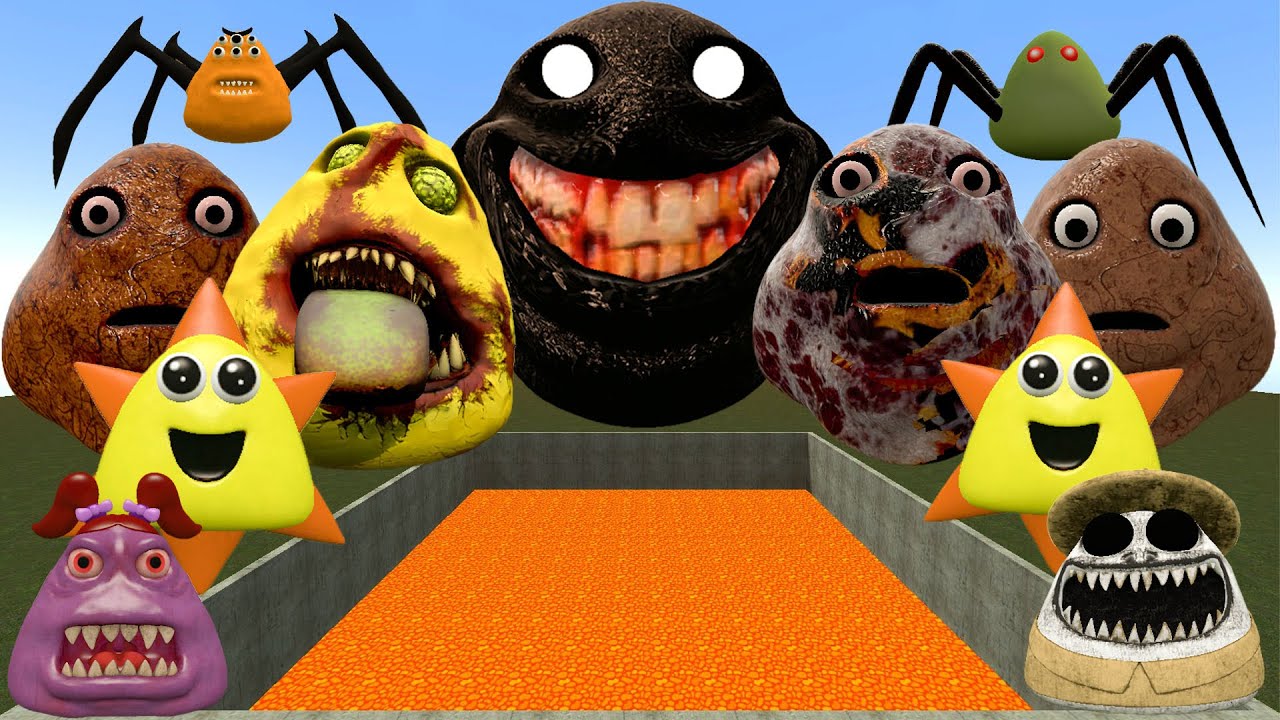 🌋LAVA POOL ALL POU BOU ARMY and SPRUNKI POU, SPIDER and GIRL BOU SPARTAN KICKING in GMod