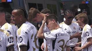 Real Madrid players celebrate 36th league title with open-top bus parade through capital streets