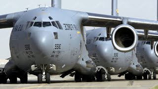 Gigantic C-17 Planes Takeoff One by One At Full Throttle During Elephant Walk