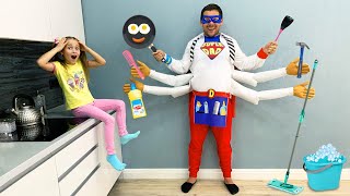 Sofia and Fun Story as Dad became Superheroes and Helps Kids