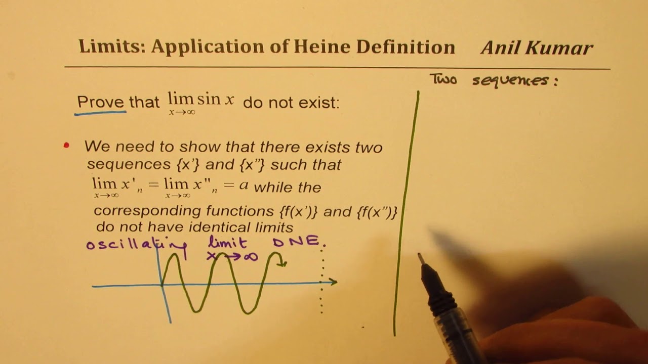 Prove That The Limit Sin X Does Not Exist As X Approached Infinity By Heine Definition Ap Calculus Youtube Prove That The Limit Sin X Does Not Exist As X Approached Infinity By Heine Definition Ap Calculus Youtube