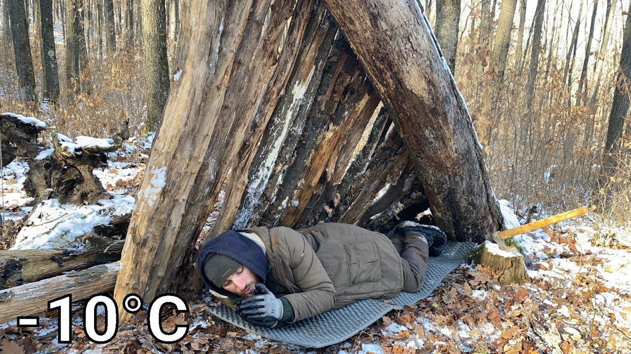 Survival at -10°C Build your own shelter - Winter - Snow - No sleeping ...