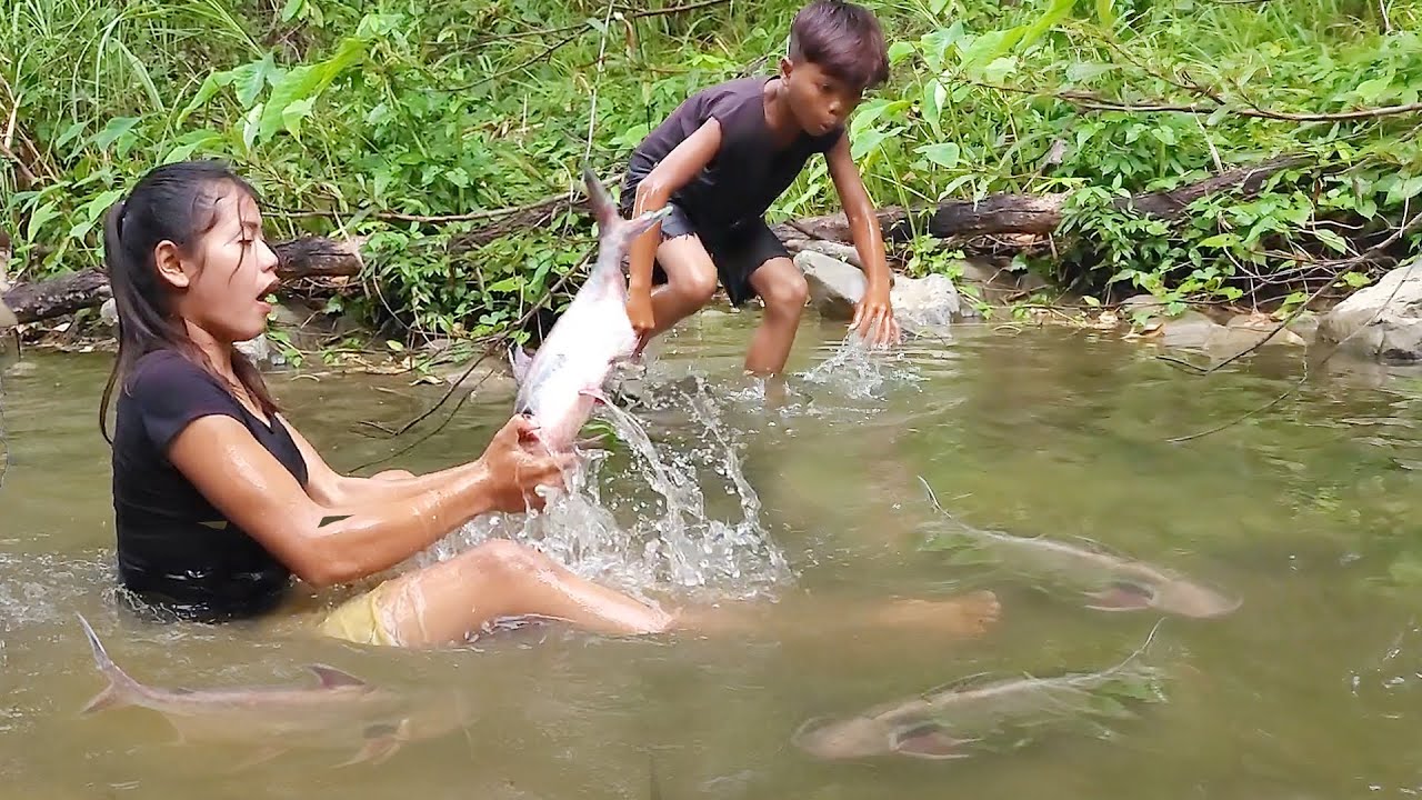 Skills catch fish in river for food of survival - Fish salt grilled ...
