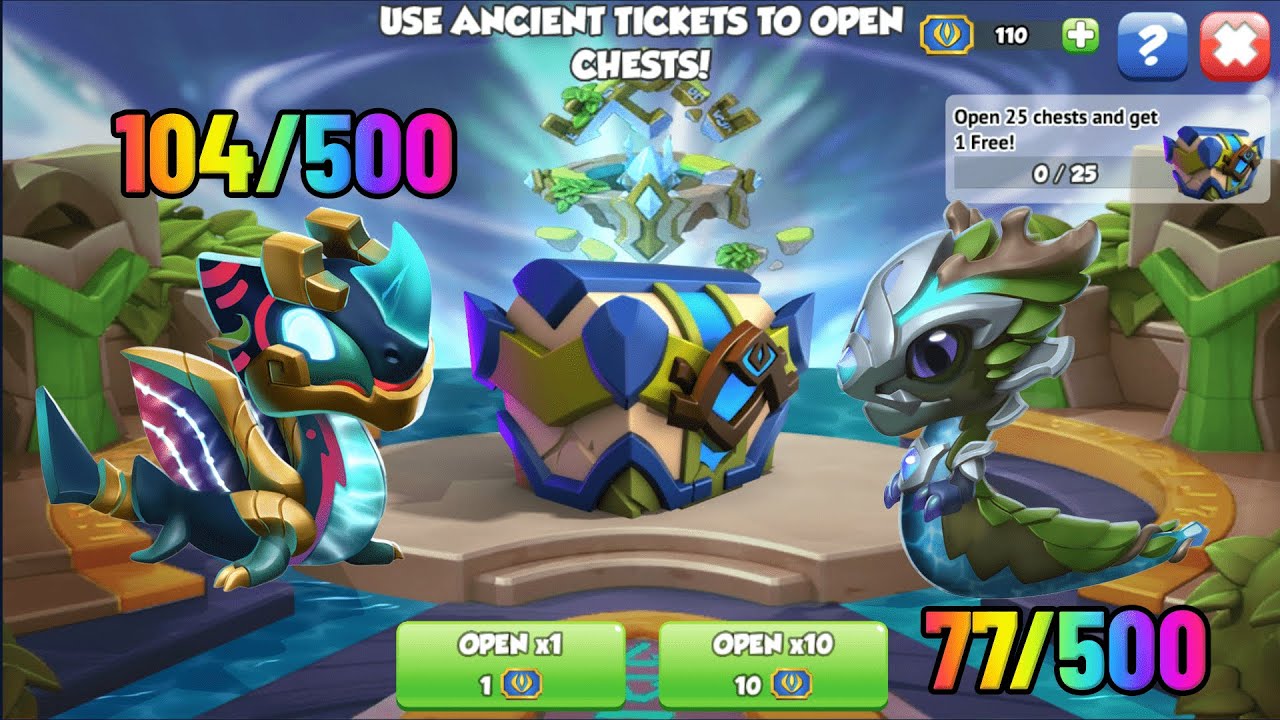 Opened 110 Ancient Water Tickets | 104/500 Oi'ra Dragon, 77/500 Íolhan Dragon | Dragon Mania Legends