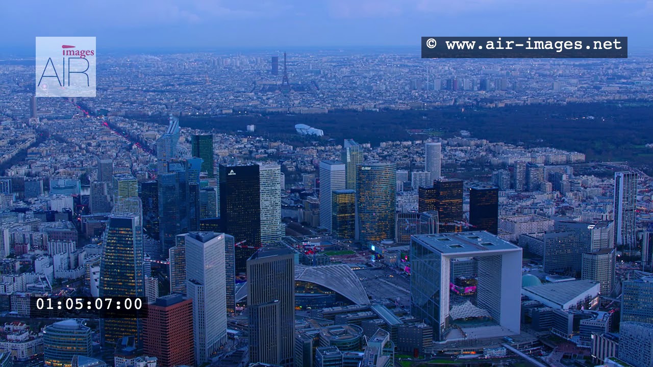 Aerial Footage by dusk Business District of Paris La Défense / Nanterre