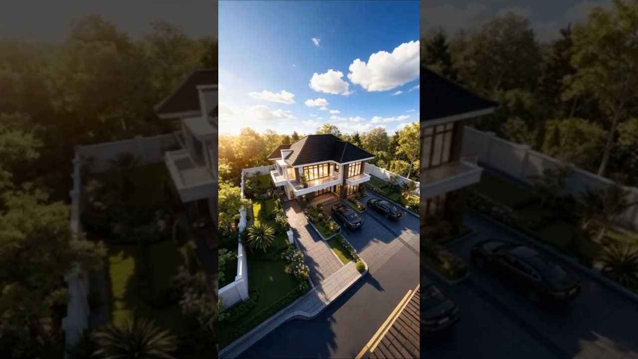 A luxurious two-story villa with a courtyard.