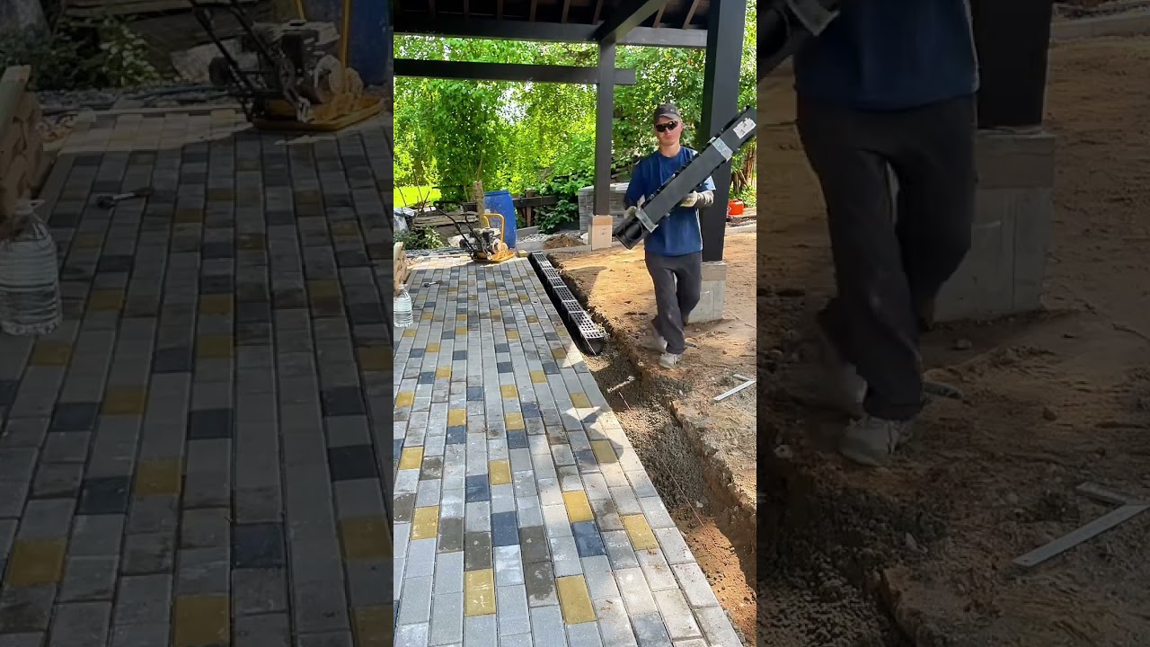 How to install plastic drainage channels next to paving slabs 