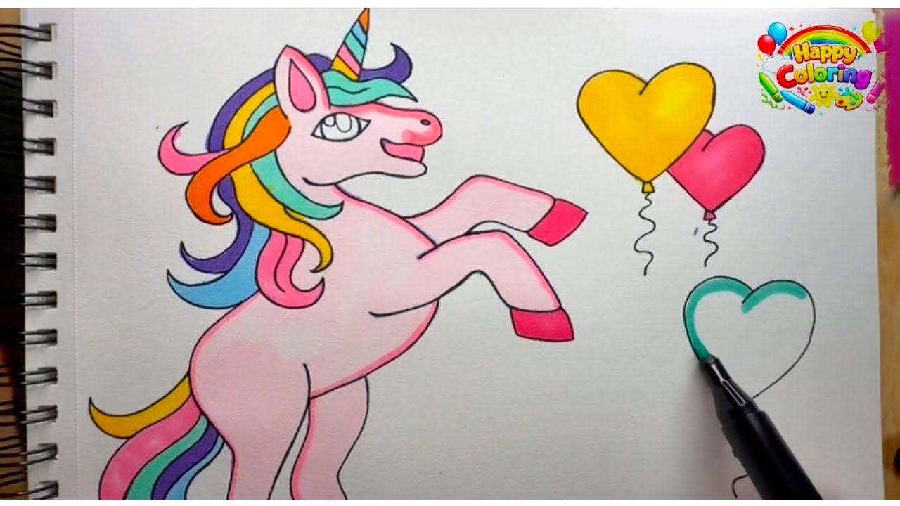 Cute Unicorn Coloring 🌈🦄 | Let’s Color a Happy Unicorn with Hearts Balloons